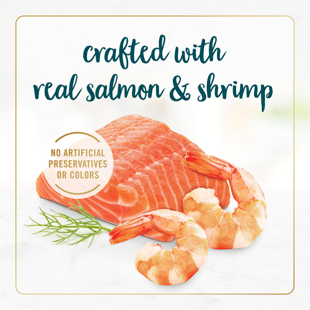 Fancy Feast Salmon and Shrimp Feast offers complete and balanced nutrition for adult cats.