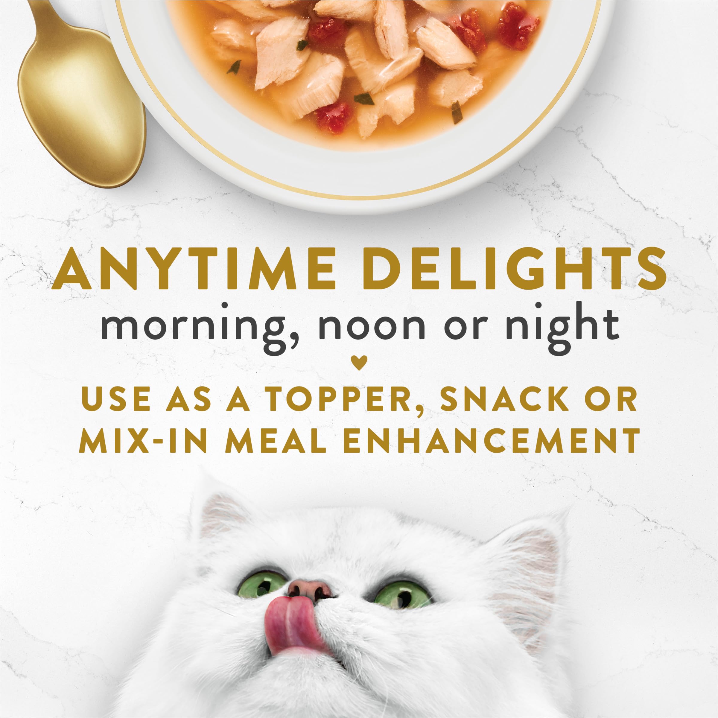 Grain-free Fancy Feast broth topper adds moisture without grains.