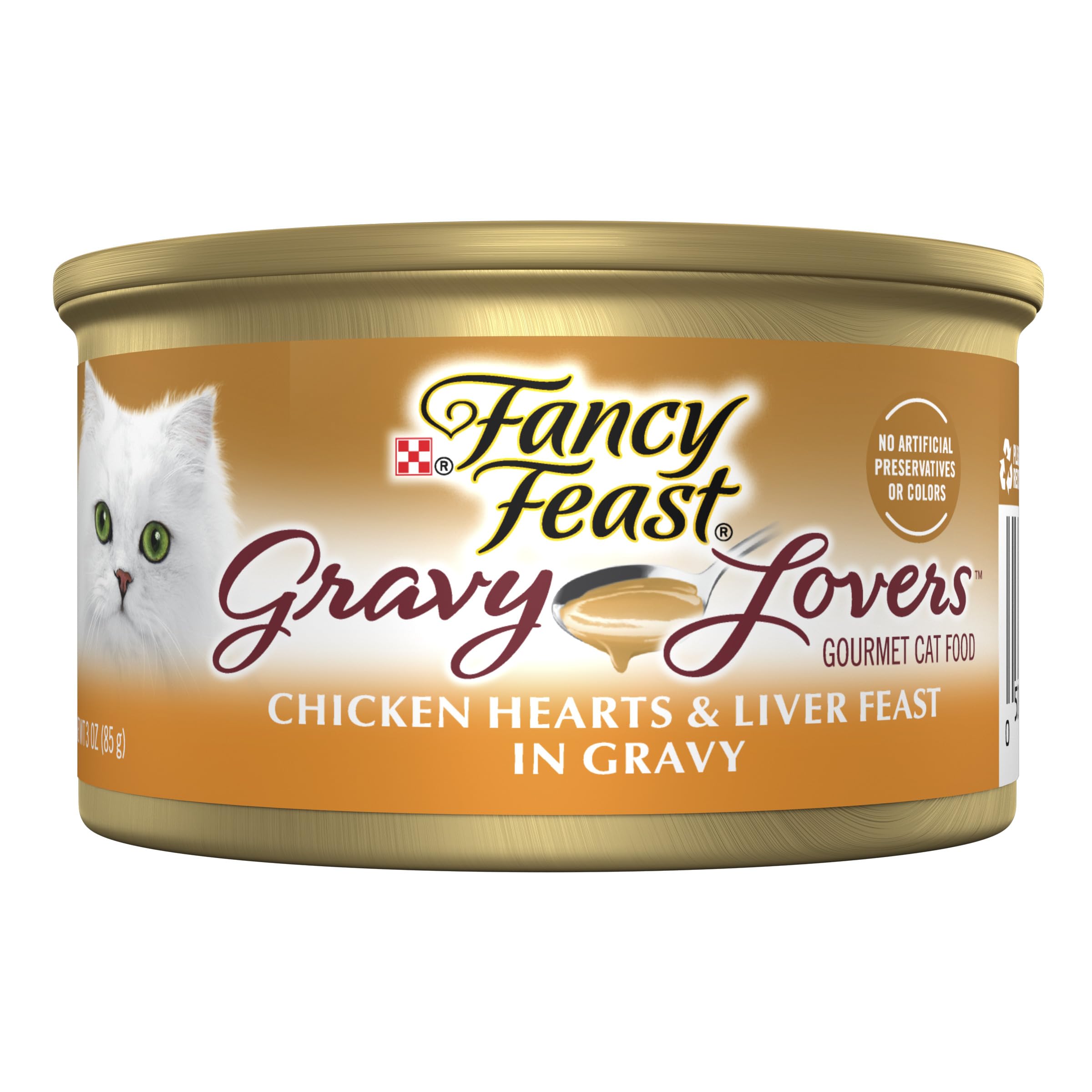 Fancy Feast Gravy Lovers chicken hearts and liver cans for protein-packed meals your active cat enjoys.