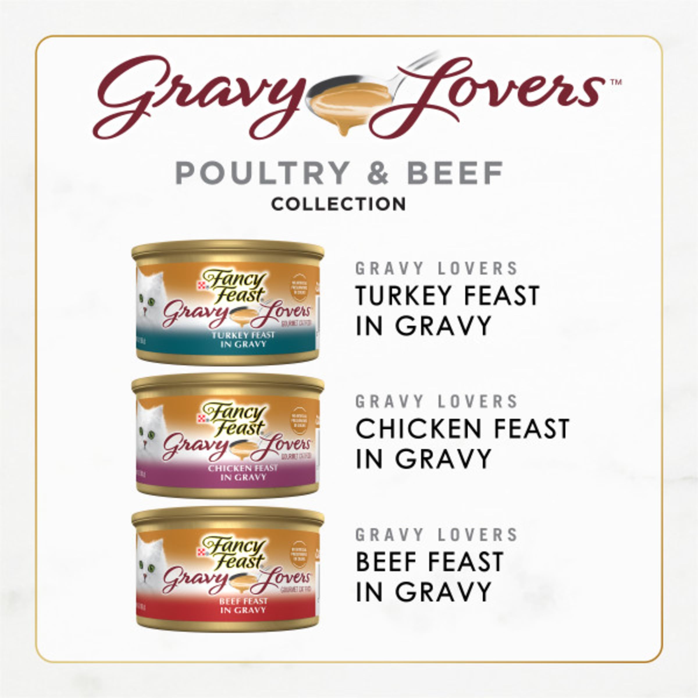 Fancy Feast Gravy Lovers chicken-turkey bites; slow-cooked texture for mealtime variety.