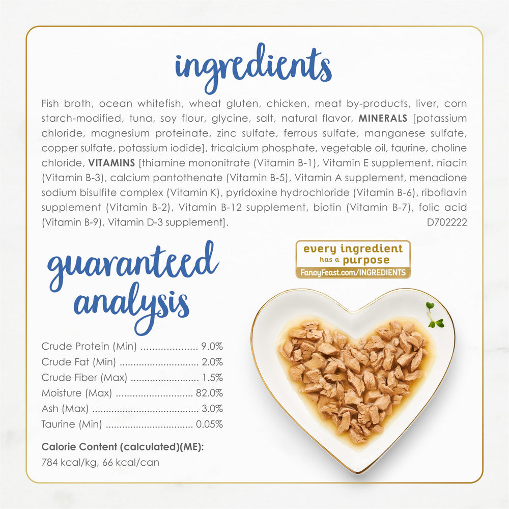 Fancy Feast Gravy Lovers ingredients image highlights ocean whitefish and tuna.
