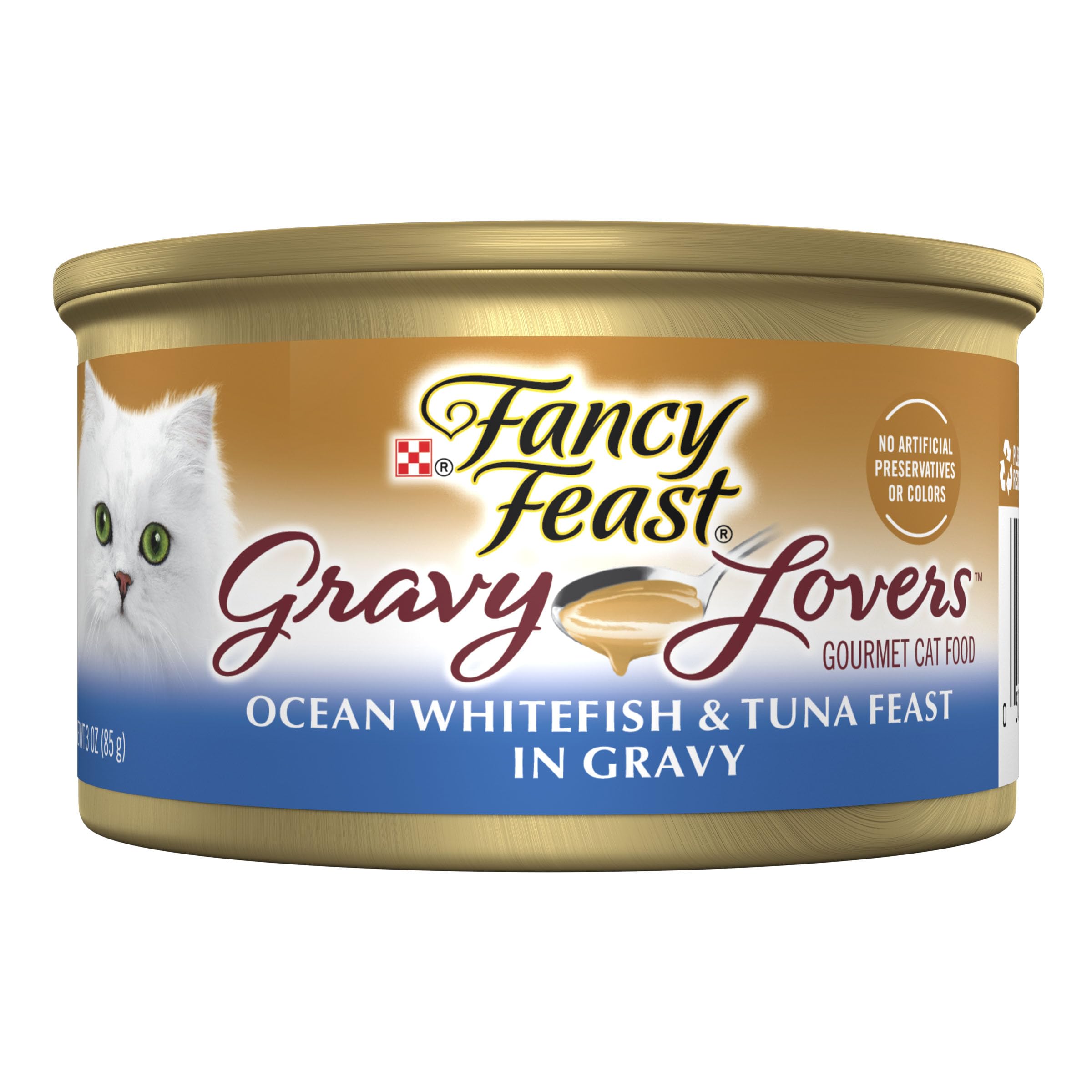 Fancy Feast Gravy Lovers Ocean Whitefish and Tuna Feast cans on shelf with savory gravy.