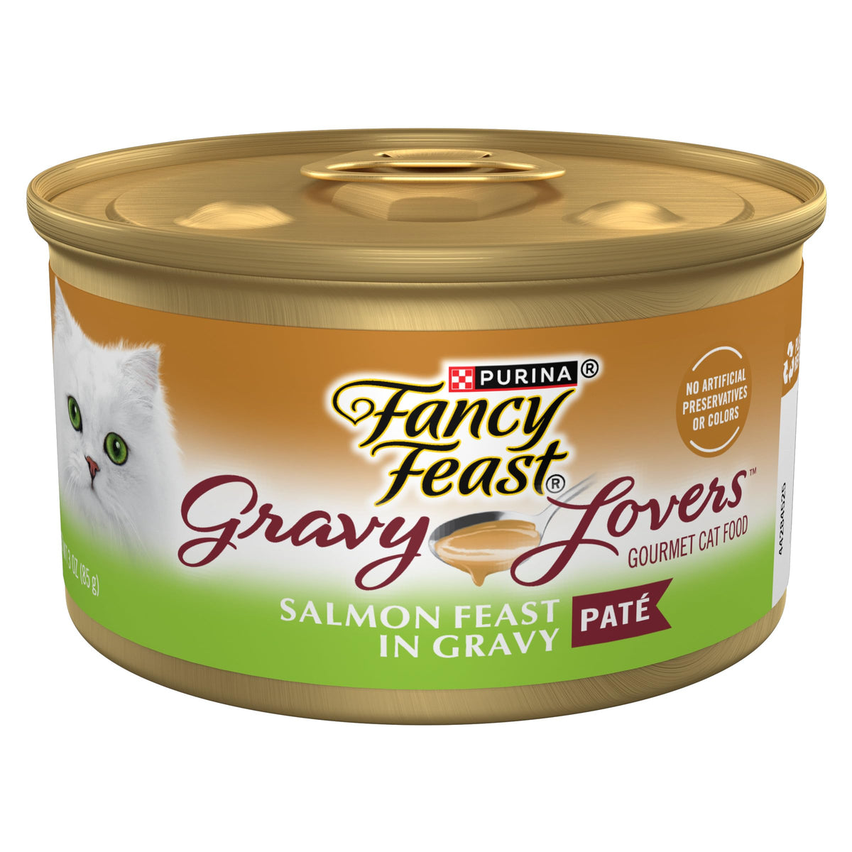 Fancy Feast Gravy Lovers Salmon Feast Pate cans show real salmon in gravy for a gourmet meal.
