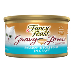 Fancy Feast Gravy Lovers salmon-sole can closeup highlights premium ingredients for appealing meals.