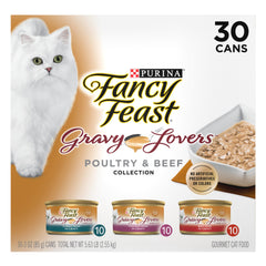 Fancy Feast Gravy Lovers variety pack front shows premium flavors for curious adult cats.