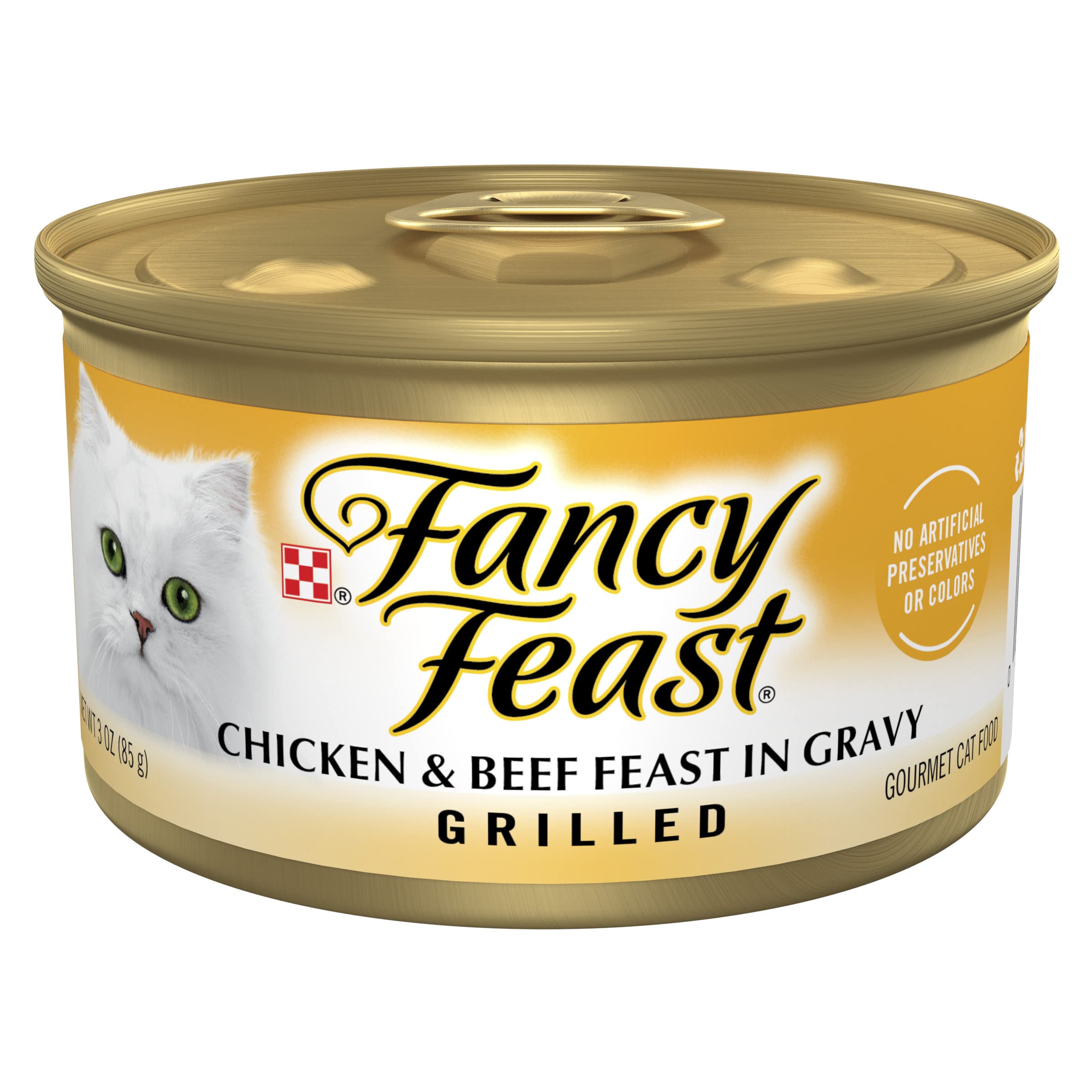 Fancy Feast Grilled Chicken and Beef in Gravy can, protein-rich option for adult cats.