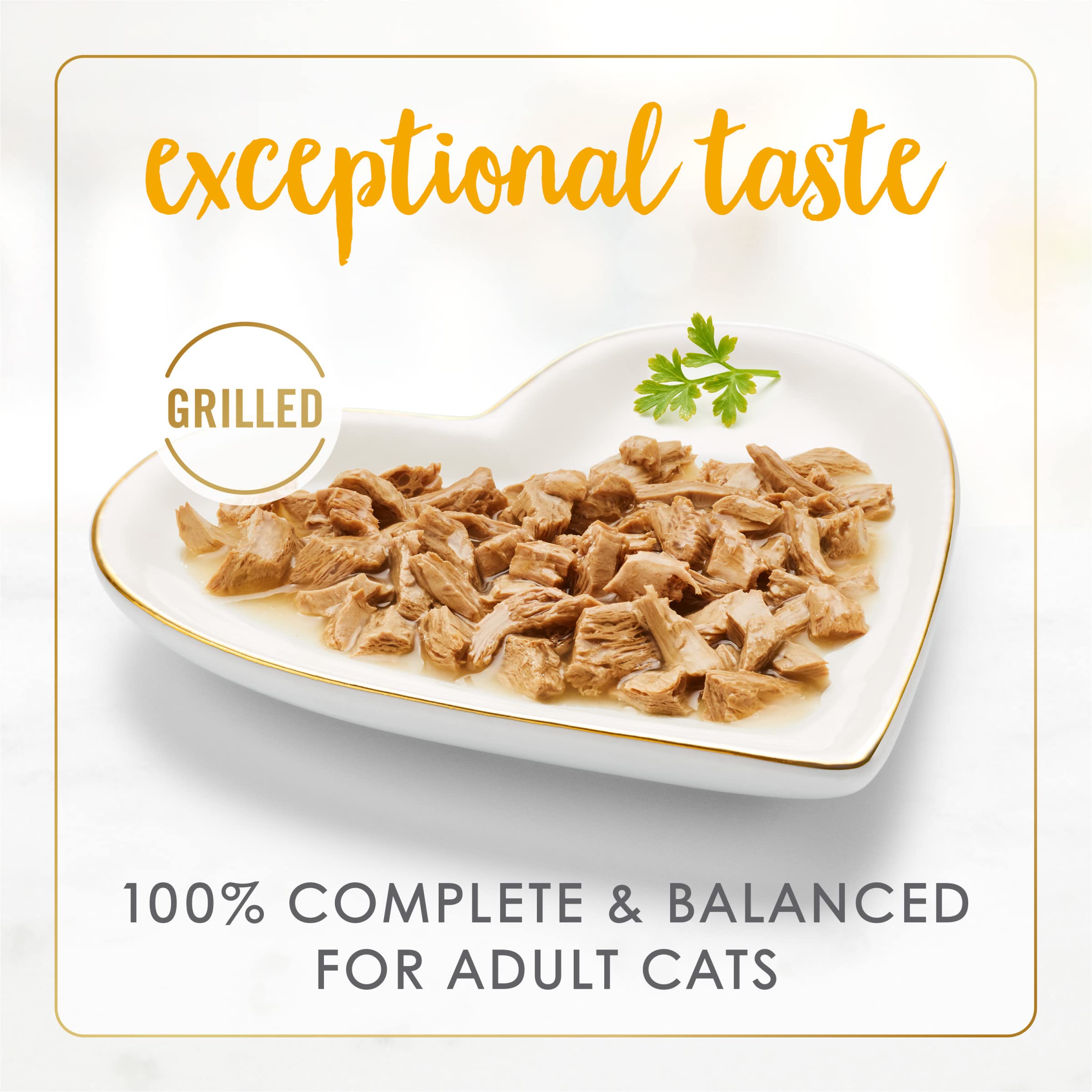 Fancy Feast grilled chicken and beef ingredients close-up, real meat highlights a premium recipe.