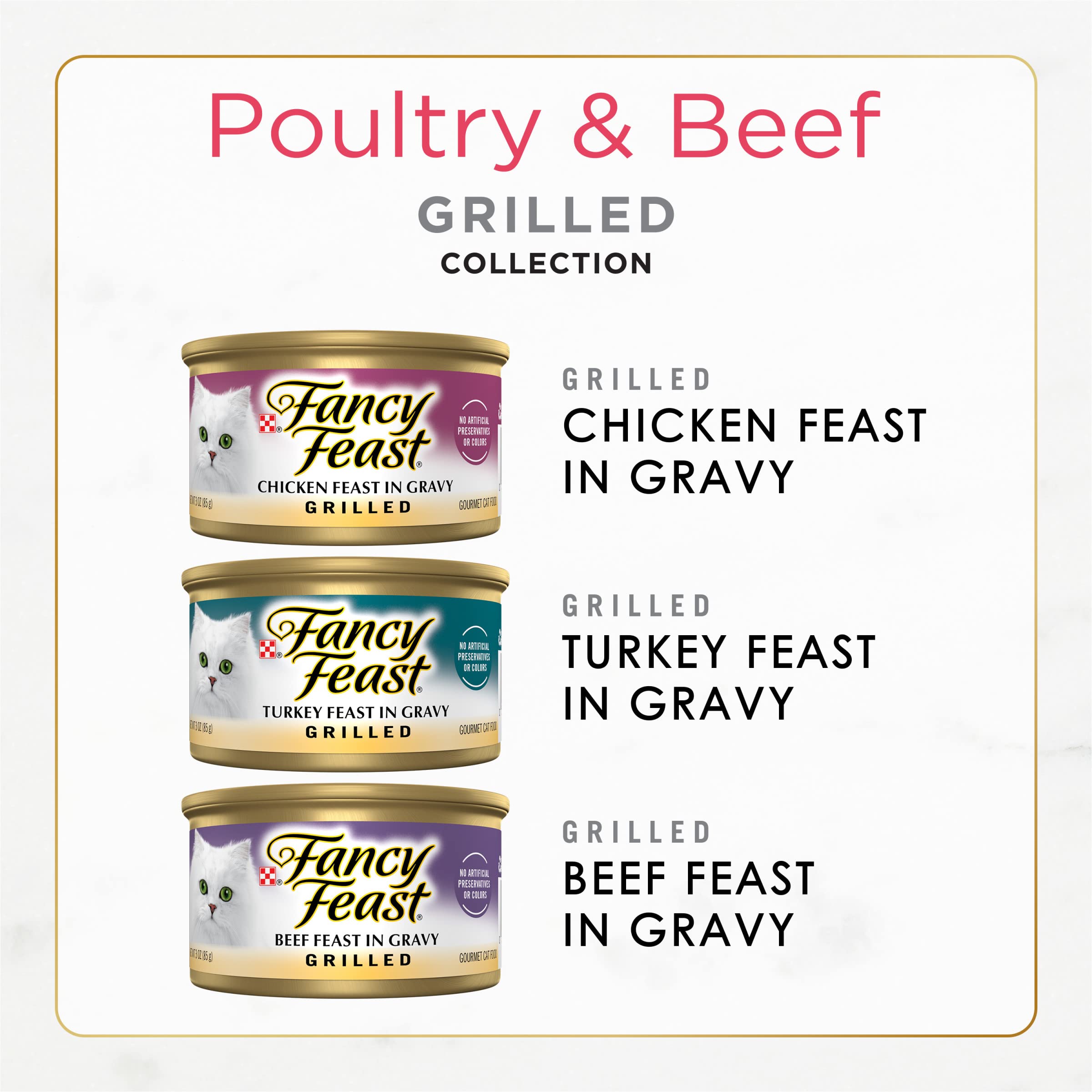 Fancy Feast Grilled chicken recipe can with savory gravy for texture.