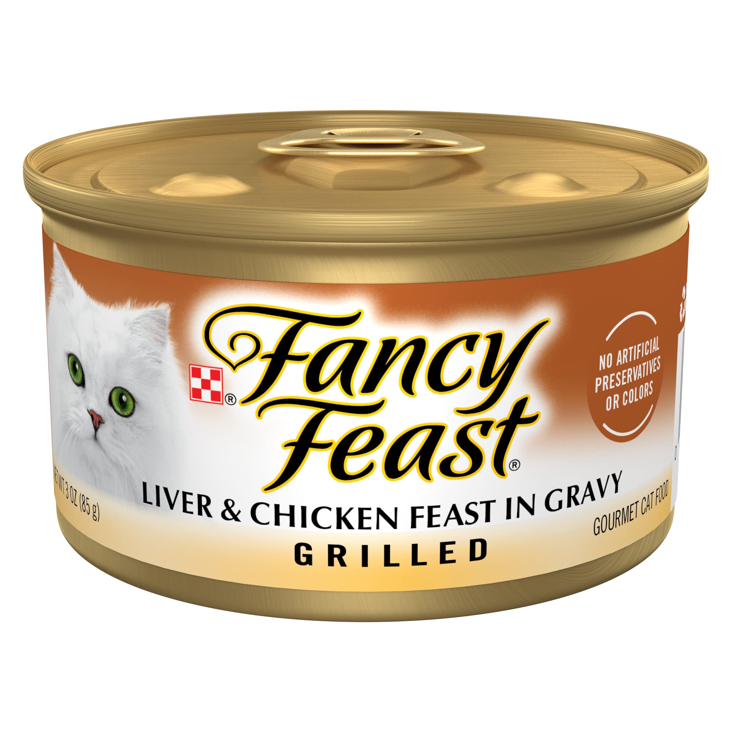 Fancy Feast grilled liver and chicken in gravy cans in a 24-pack for convenient meals.