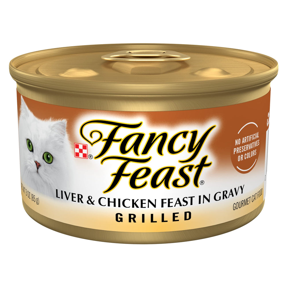 Fancy Feast grilled liver and chicken in gravy cans in a 24-pack for convenient meals.