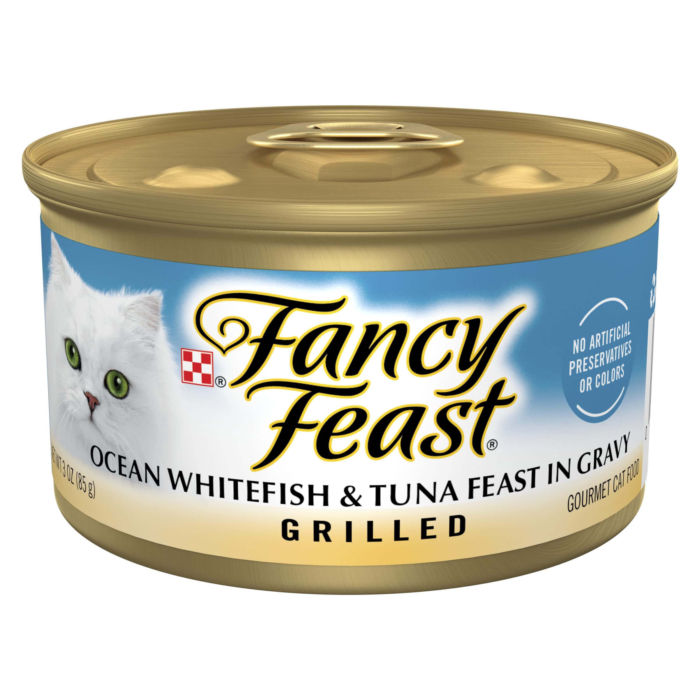 Fancy Feast Grilled Ocean Whitefish and Tuna bites served to entice a cat during mealtime.