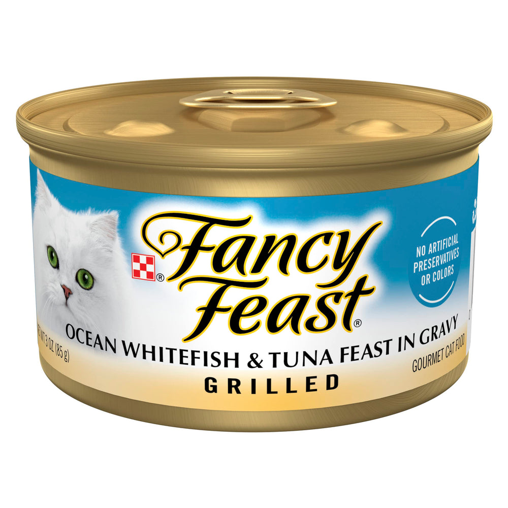 Fancy Feast Grilled Ocean Whitefish and Tuna bites served to entice a cat during mealtime.
