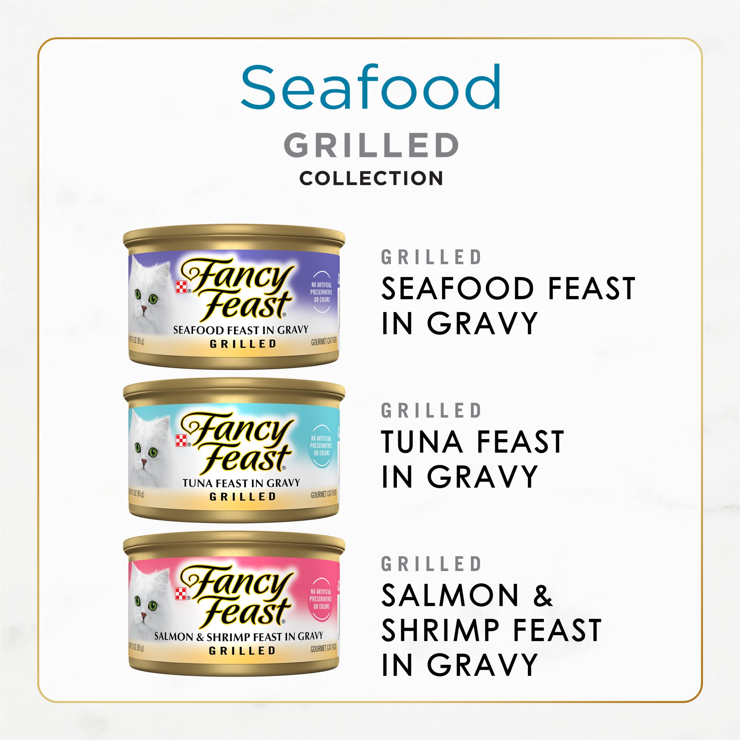 Fancy Feast Grilled Salmon Feast in Gravy can for tempting seafood flavor.