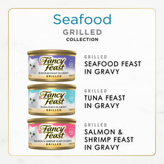 Fancy Feast Grilled Salmon Feast in Gravy can for tempting seafood flavor.