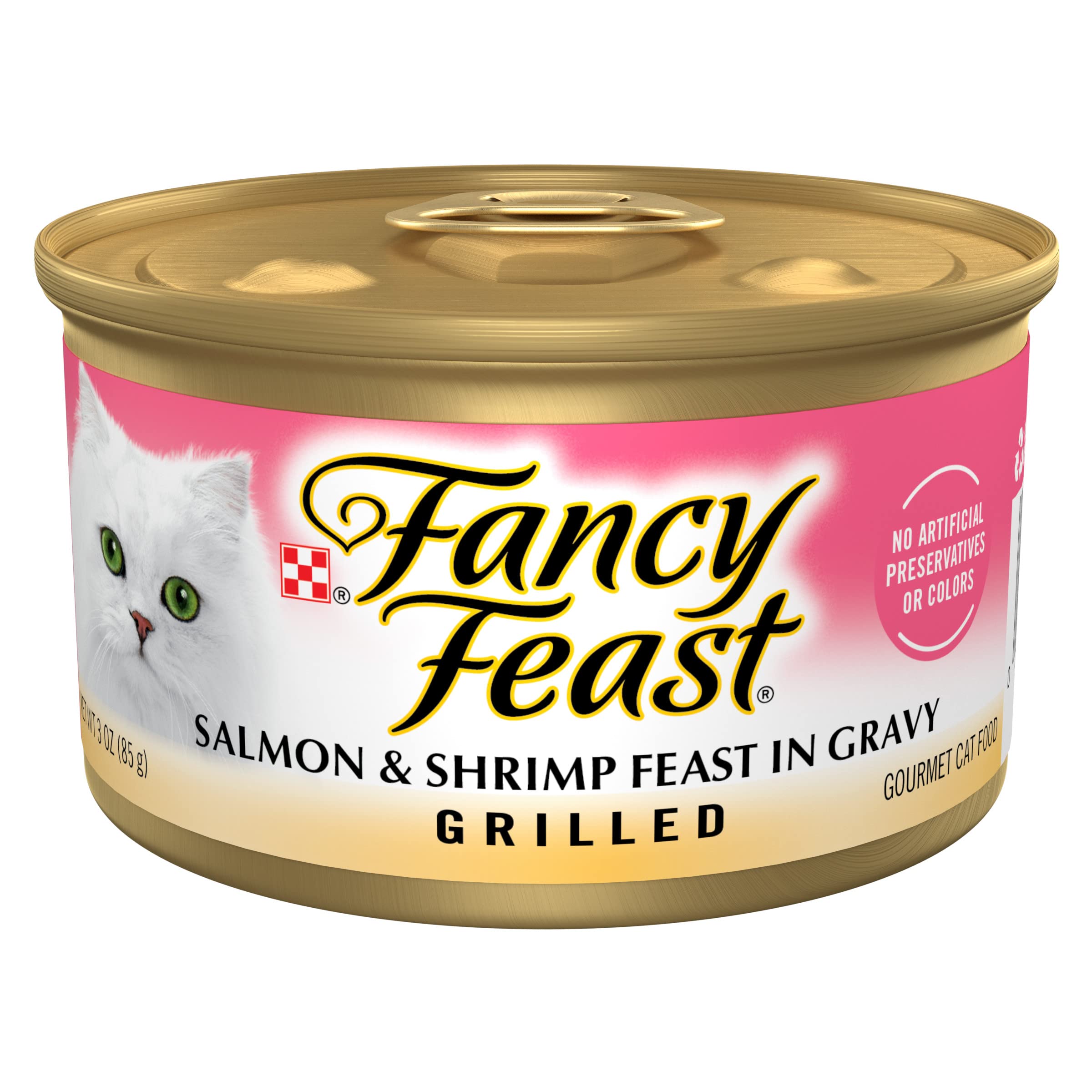 Fancy Feast grilled salmon shrimp cans pack with premium wet cat food for variety.