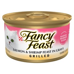 Fancy Feast grilled salmon shrimp cans pack with premium wet cat food for variety.