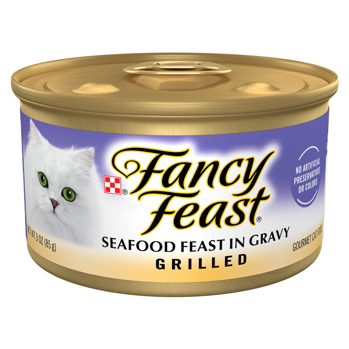 Fancy Feast Grilled Seafood Feast cans in a pack deliver moisture-rich meals for cats