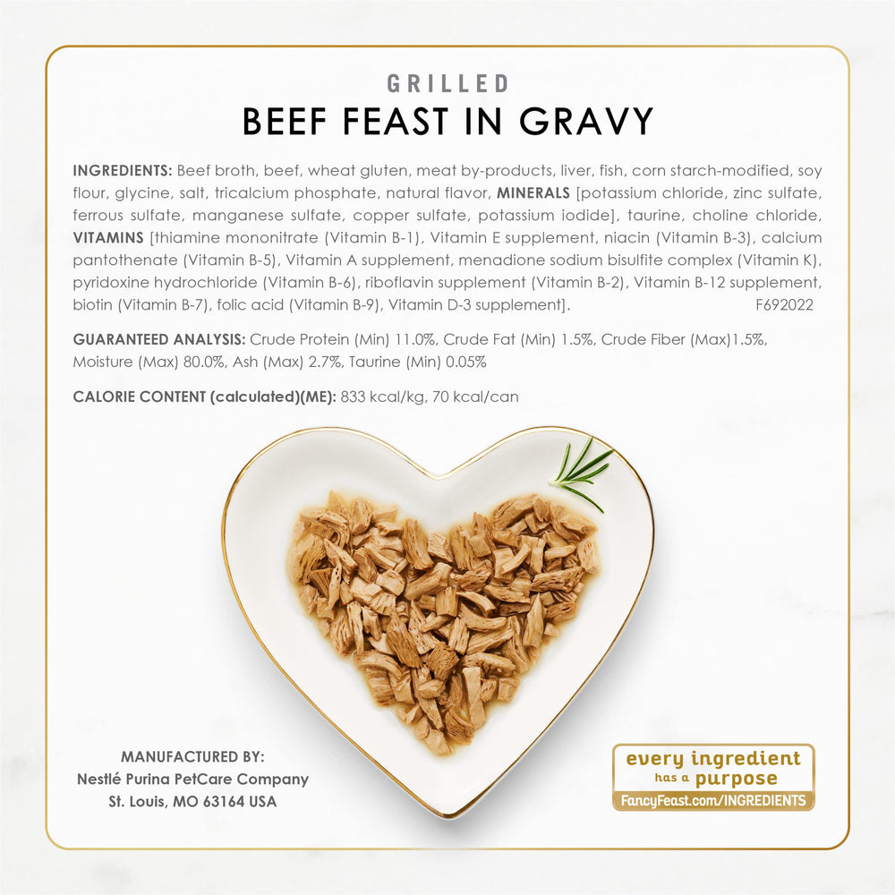Fancy Feast Grilled soft texture cat food with savory gravy.