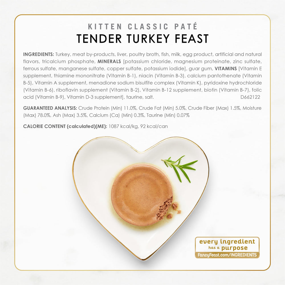 Nutrition label on Fancy Feast kitten wet food highlights essential vitamins and minerals