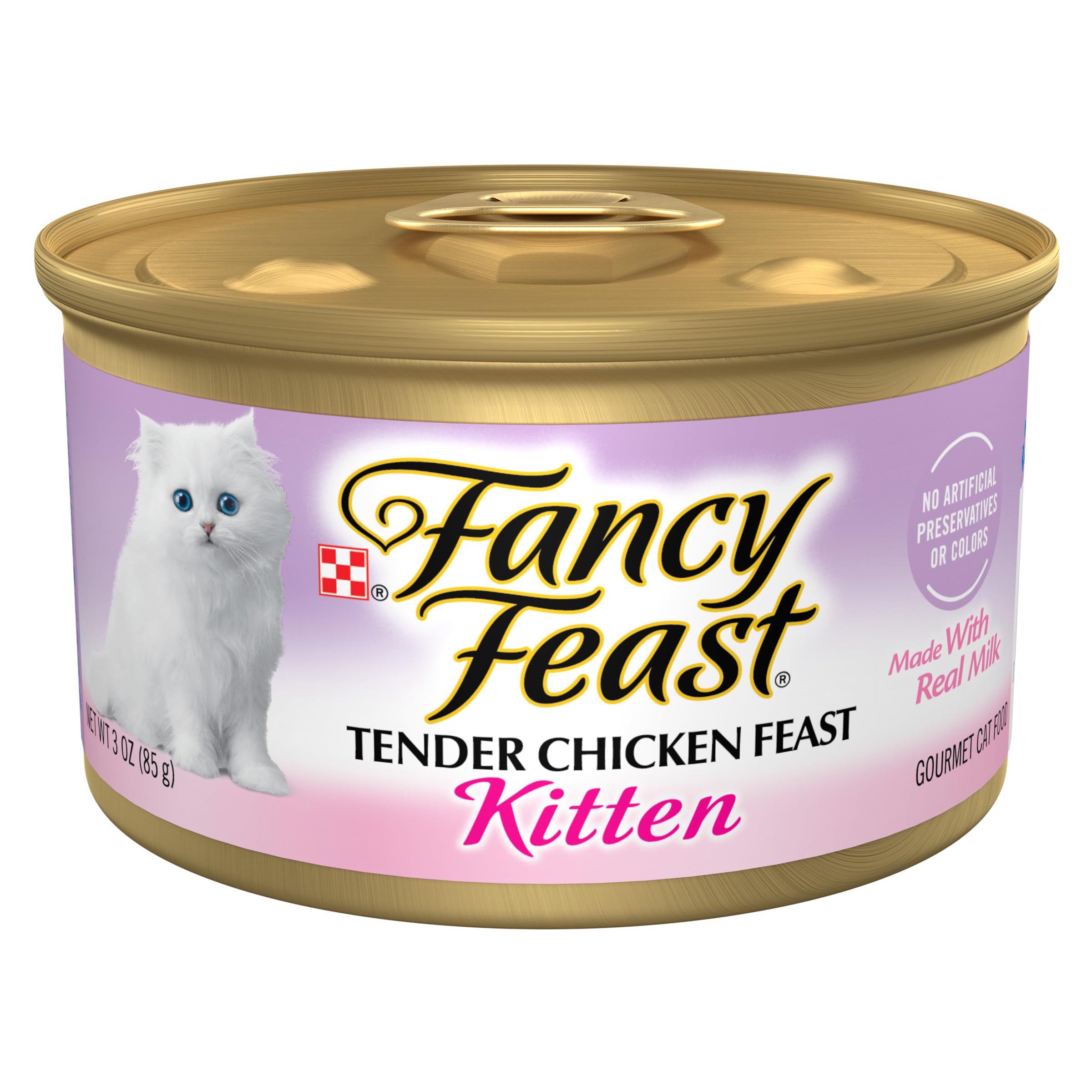 Fancy Feast Kitten Tender Chicken Feast pate serving, kitten nourishment.