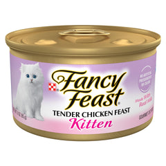 Fancy Feast Kitten Tender Chicken Feast pate serving, kitten nourishment.