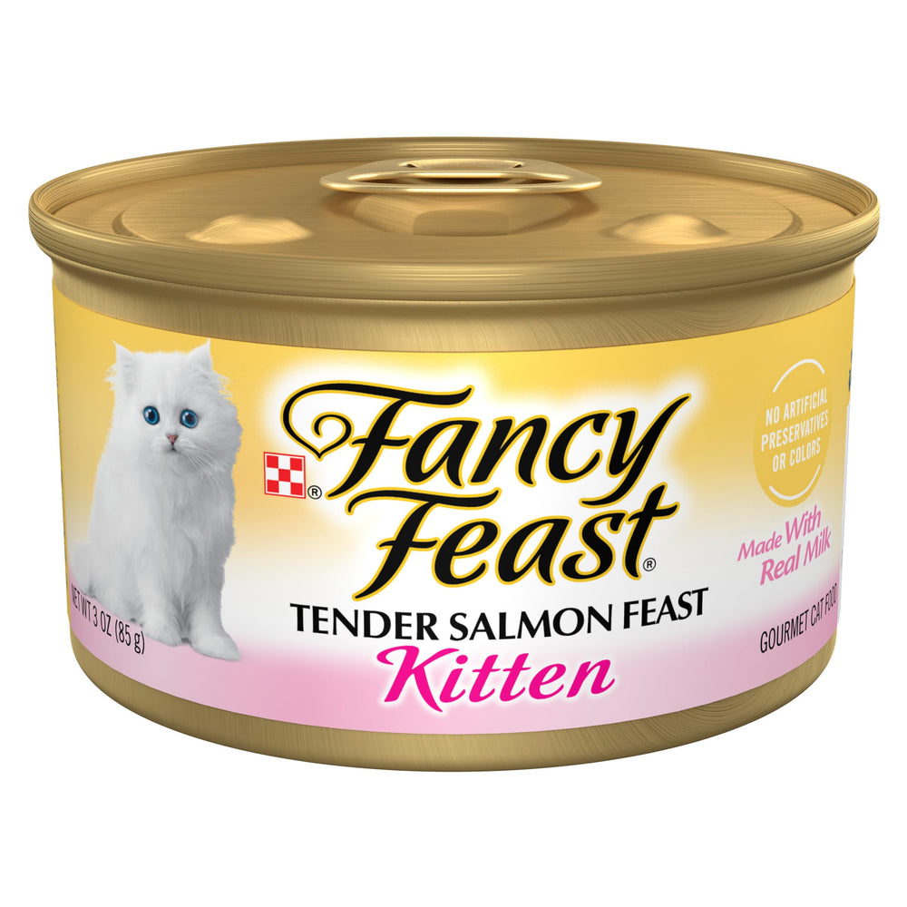 Fancy Feast Kitten Tender Salmon Can with easy-open lid inviting mealtime.