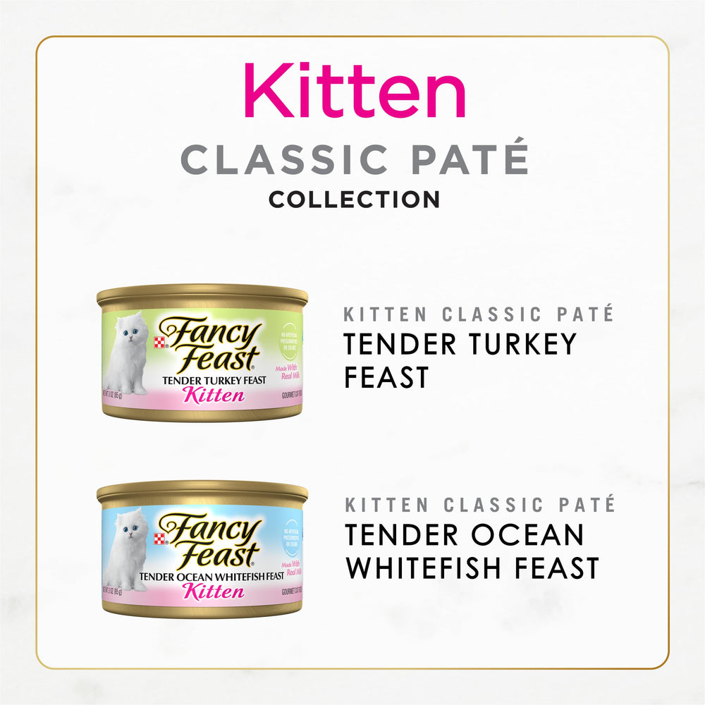 Close-up of Fancy Feast kitten variety pack to emphasize diverse flavors at mealtime