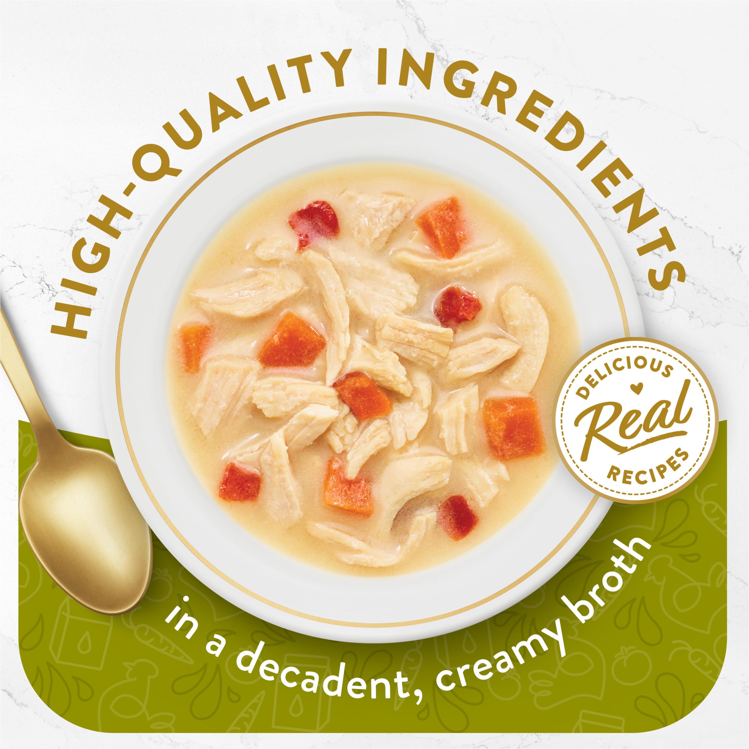 Fancy Feast lickable broth topper vegetables close-up with real veggies in broth