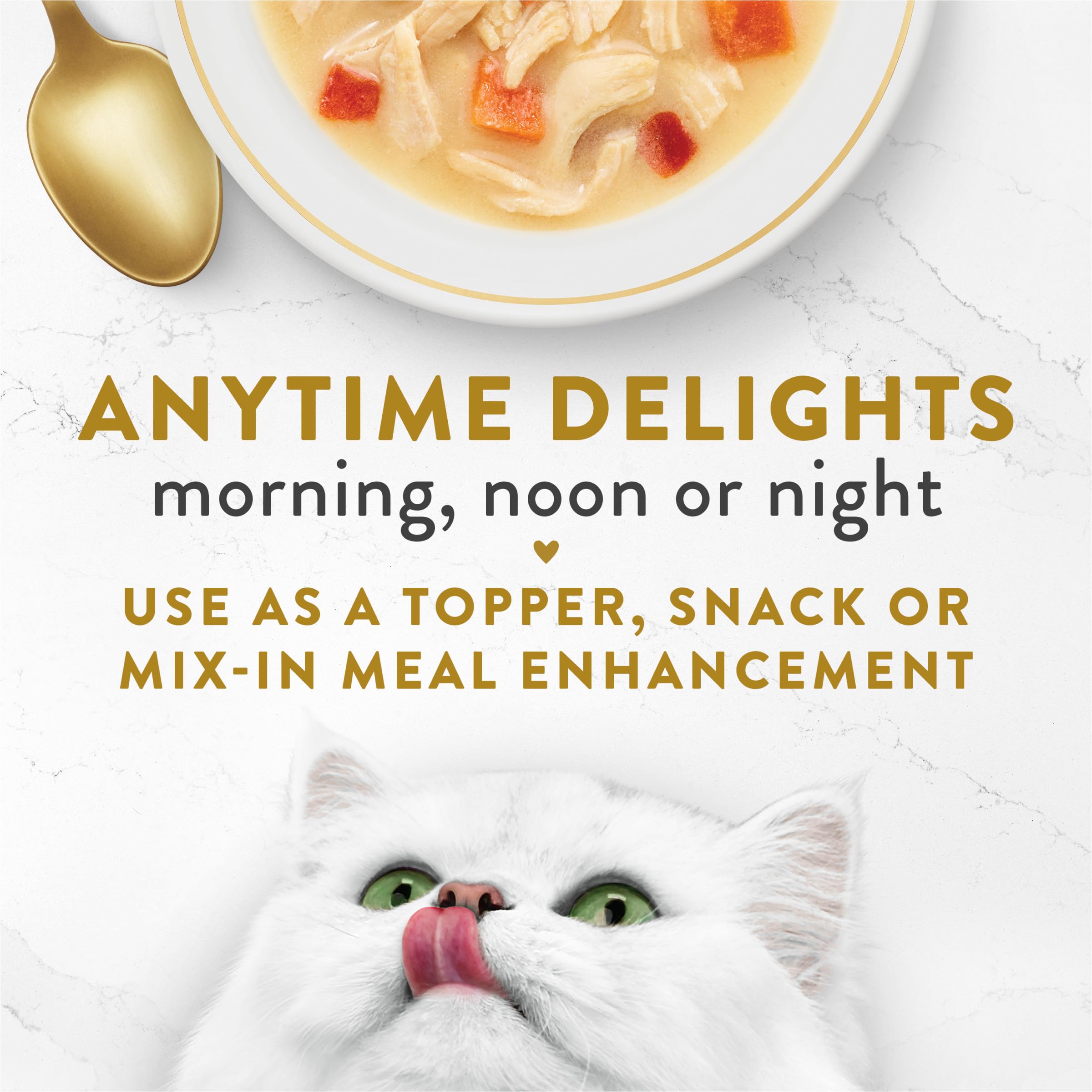 Fancy Feast lickable broth topper pour-ready pouch demonstrating convenient daily serving