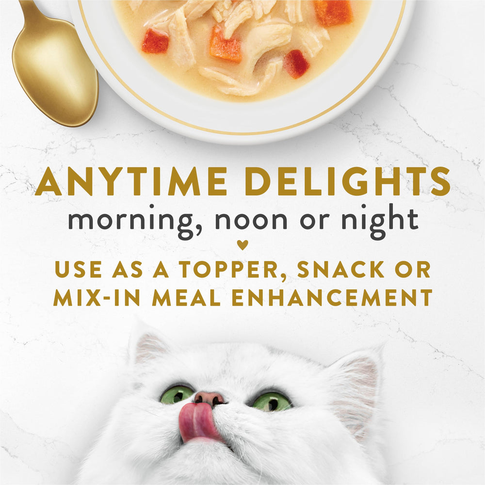 Fancy Feast lickable broth topper pour-ready pouch demonstrating convenient daily serving