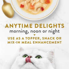 Fancy Feast lickable broth topper pour-ready pouch demonstrating convenient daily serving