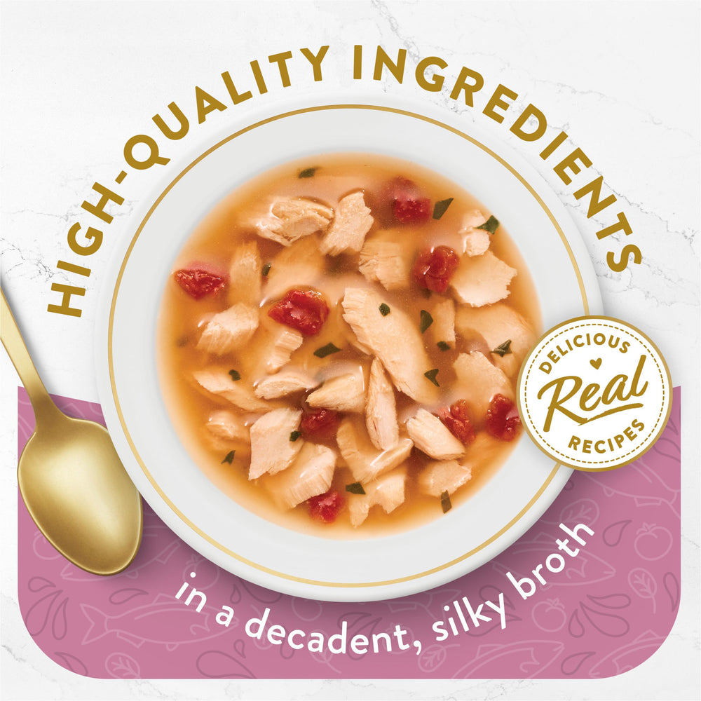Fancy Feast broth with vegetables enhances aroma and texture in adult cat meals.