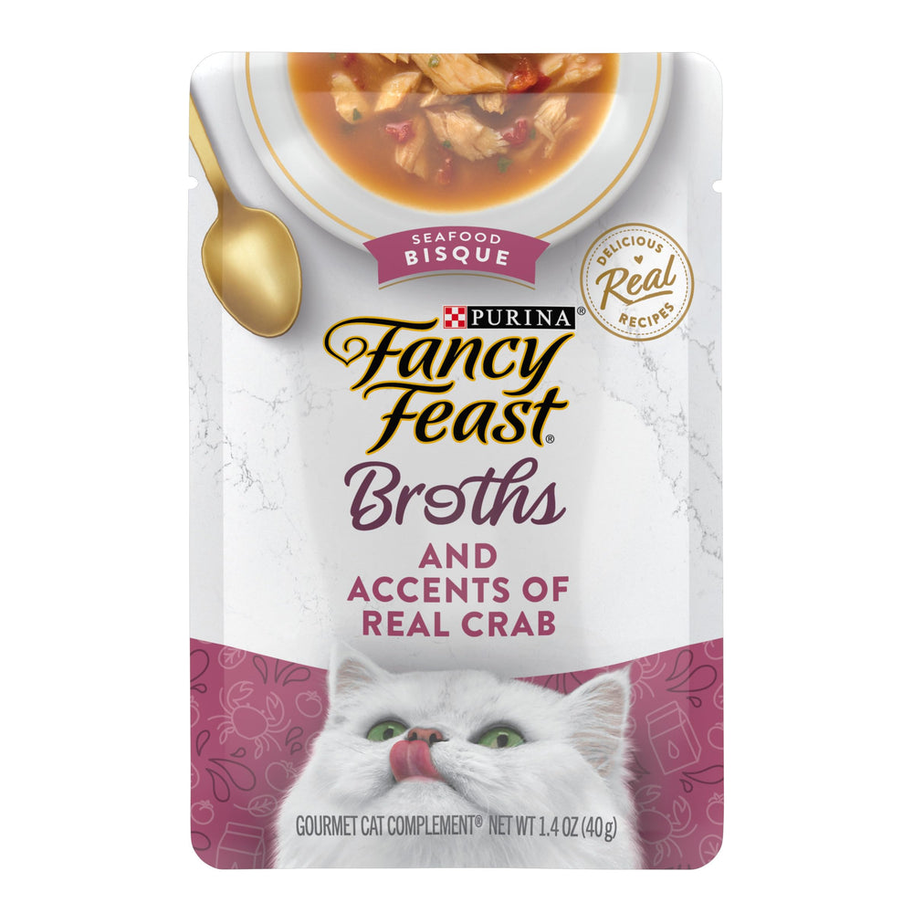 Fancy Feast lickable seafood bisque pouch showcases real crab accents for gourmet flavor.