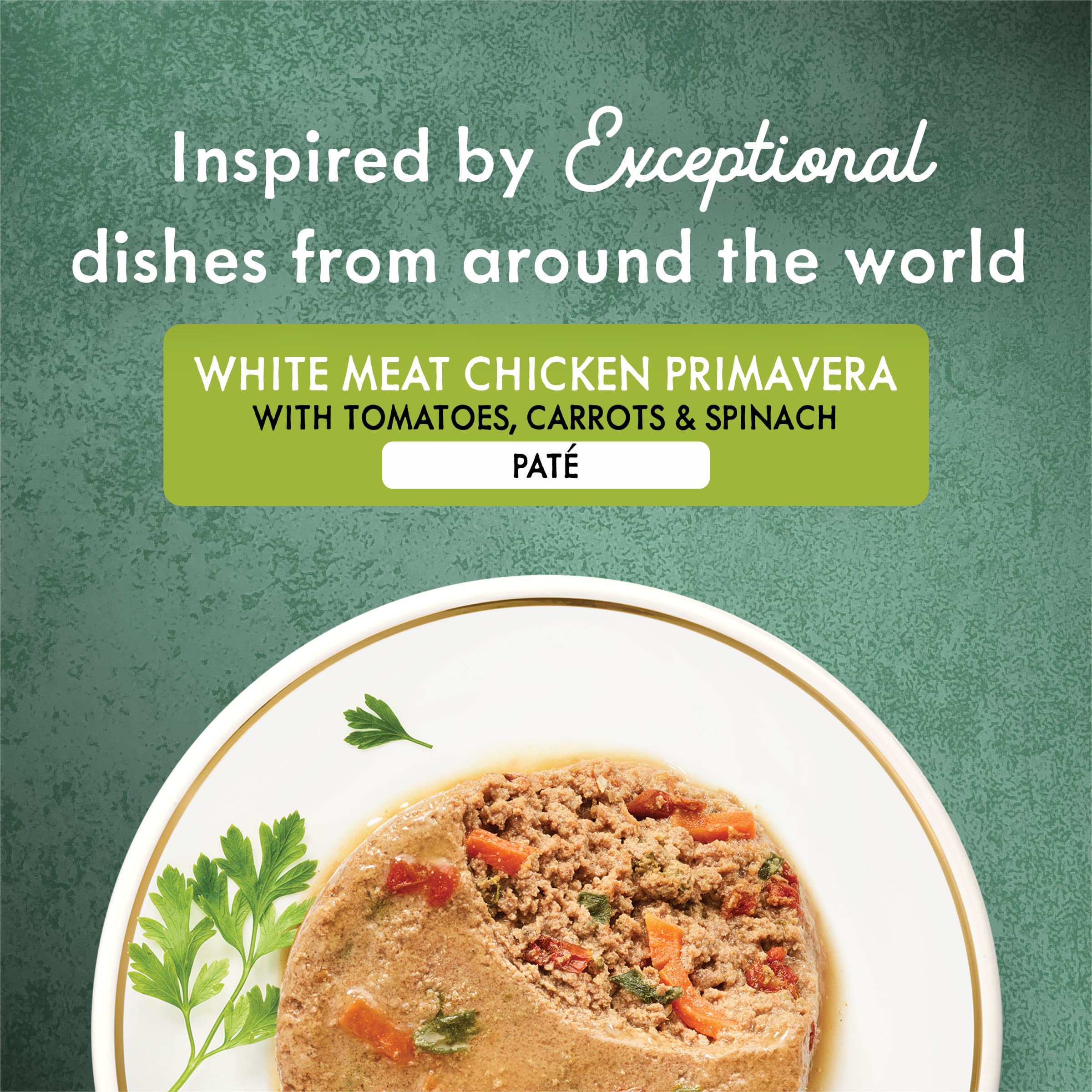 Fancy Feast Medleys Chicken Primavera vegetables detail highlighting garden greens for a flavorful meal.
