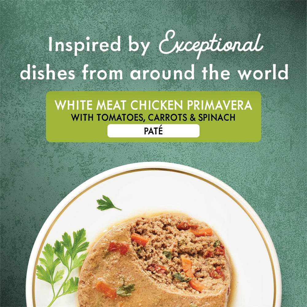 Fancy Feast Medleys Chicken Primavera vegetables detail highlighting garden greens for a flavorful meal.