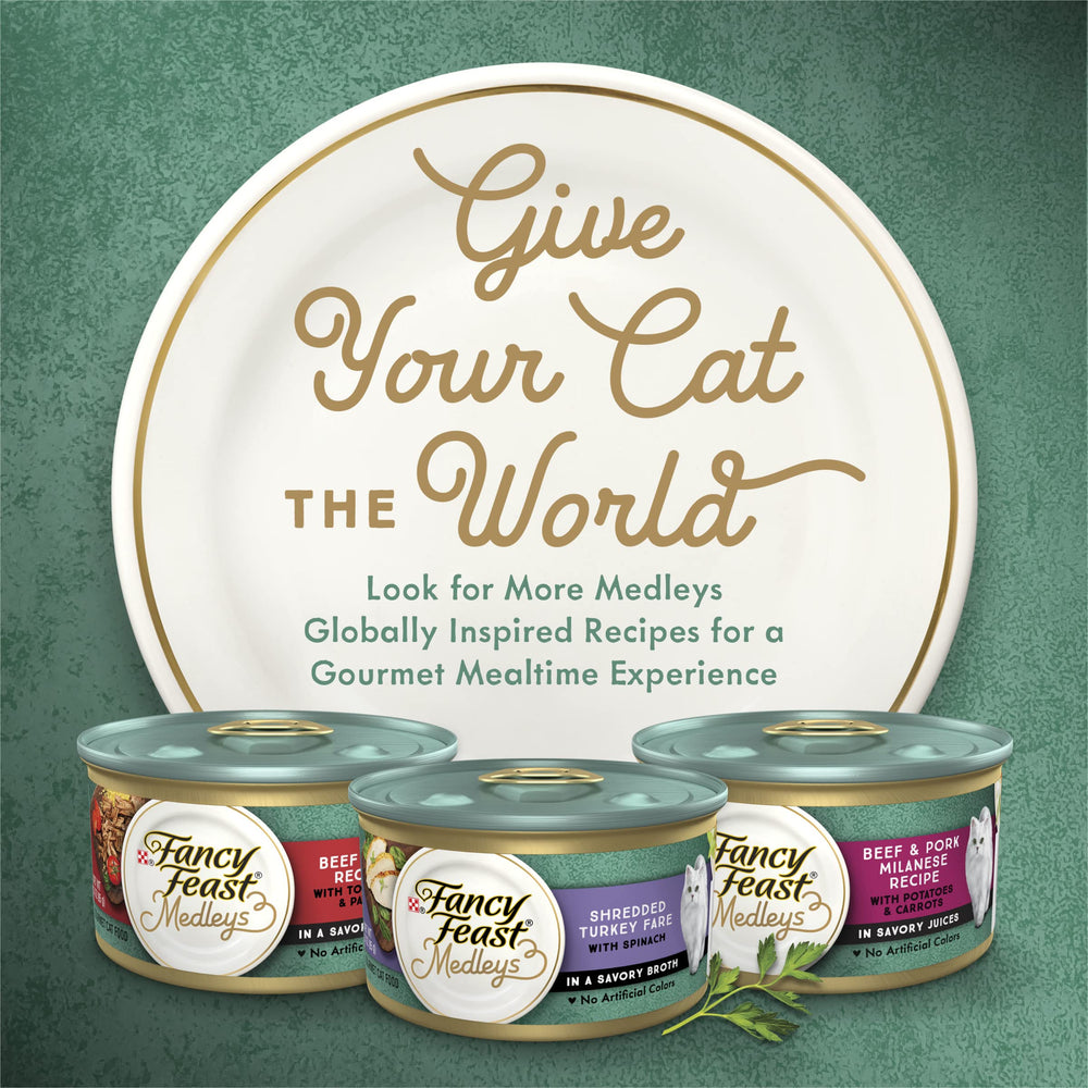 Fancy Feast Medleys Florentine cans on shelf — easy to shop for restocking.
