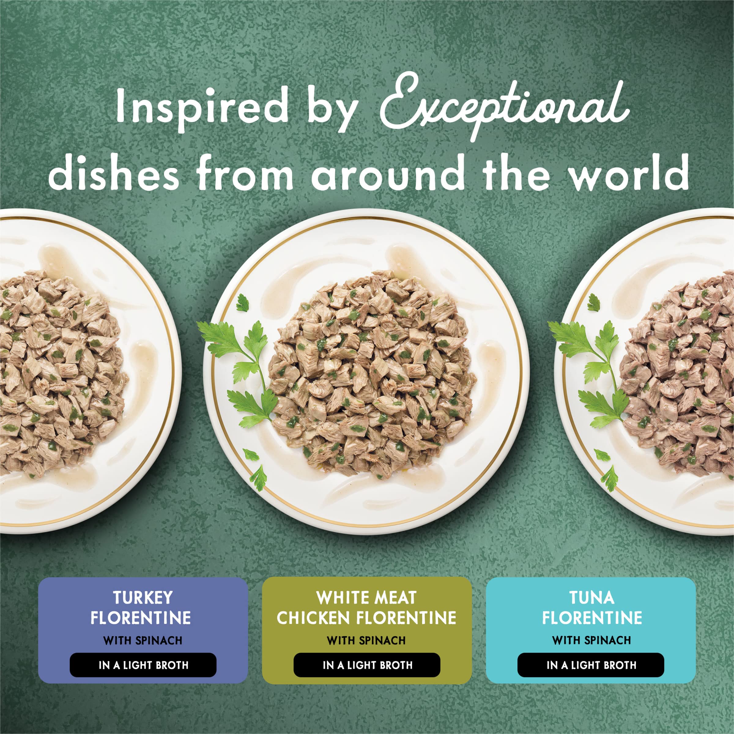 Fancy Feast Medleys Florentine garden greens — vibrant greens add visual appeal.