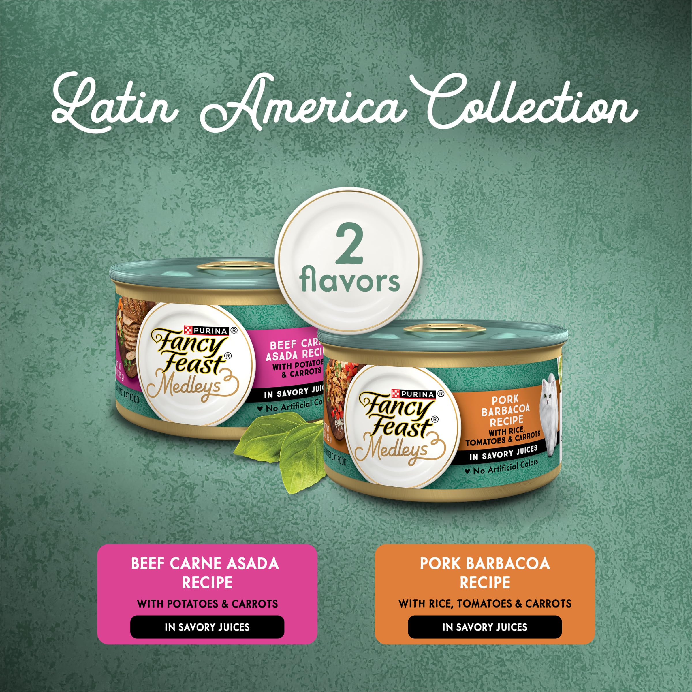 Fancy Feast Medleys Latin America beef can close-up, premium ingredients in every bite