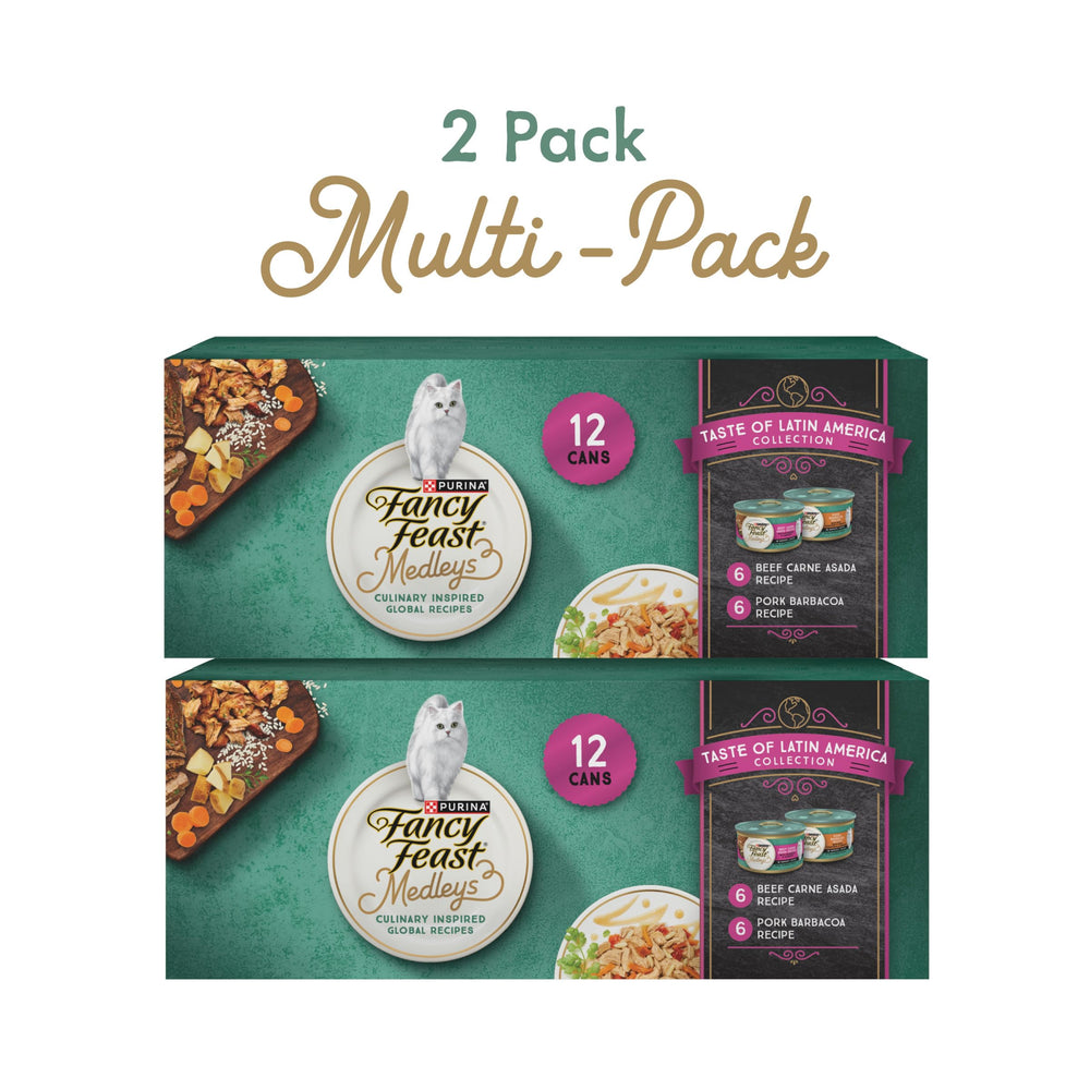 Fancy Feast Medleys Latin America pork can close-up, savory flavor cats adore