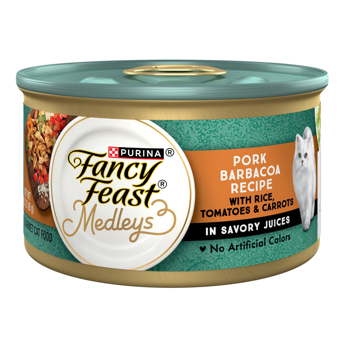 Fancy Feast Medleys Pork Barbacoa 3 oz can pack; rich pork and vegetables for adult cat meals