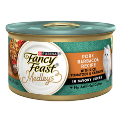 Fancy Feast Medleys Pork Barbacoa 3 oz can pack; rich pork and vegetables for adult cat meals