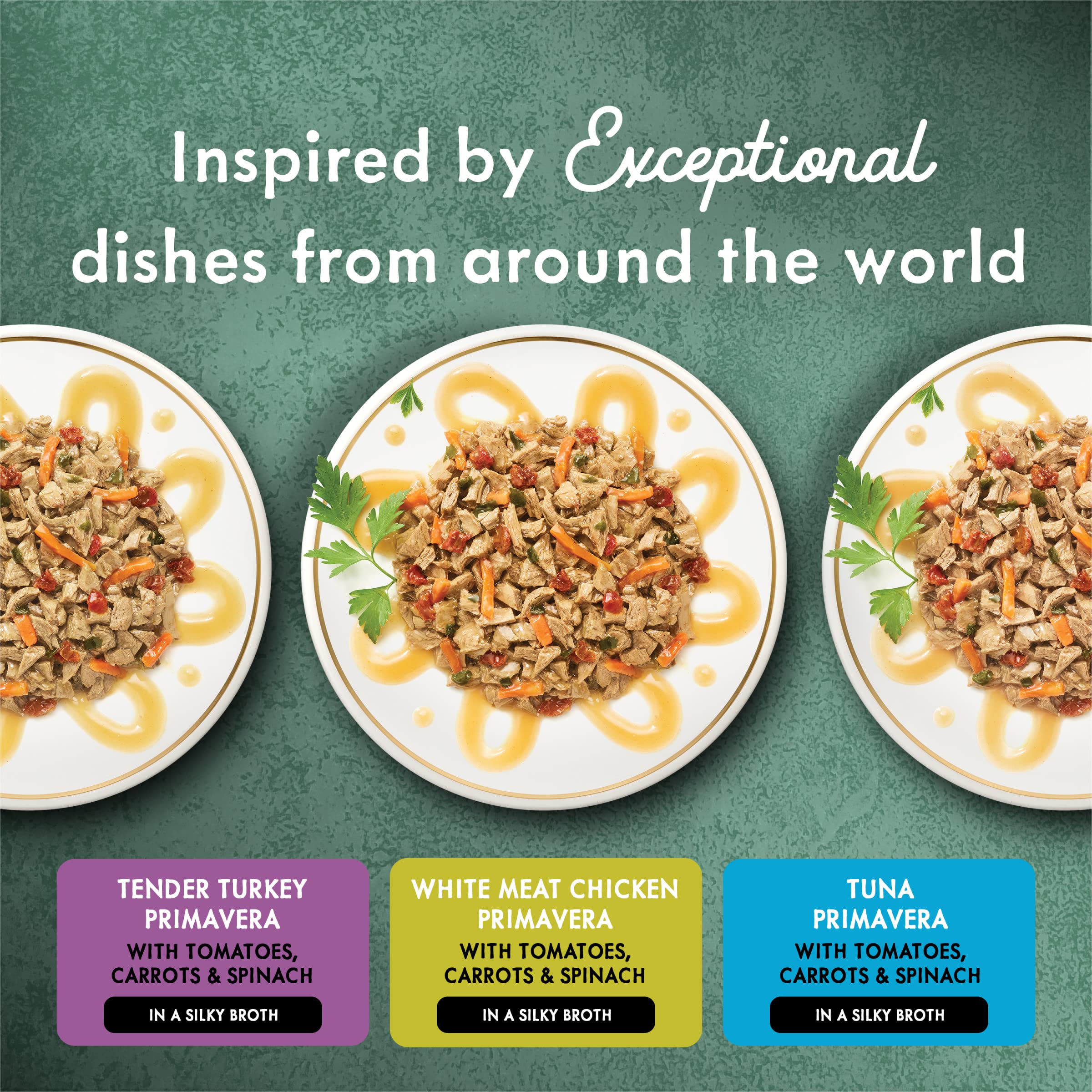 Fancy Feast Medleys Primavera tender turkey with tomatoes and carrots in a silky broth for variety.