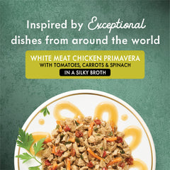 Fancy Feast Medleys primavera with tomatoes, carrots and spinach in broth for a flavorful meal.