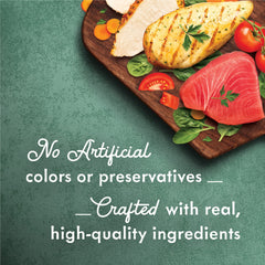 Fancy Feast Medleys Primavera tuna can featuring tomatoes and spinach in a silky broth for flavor.
