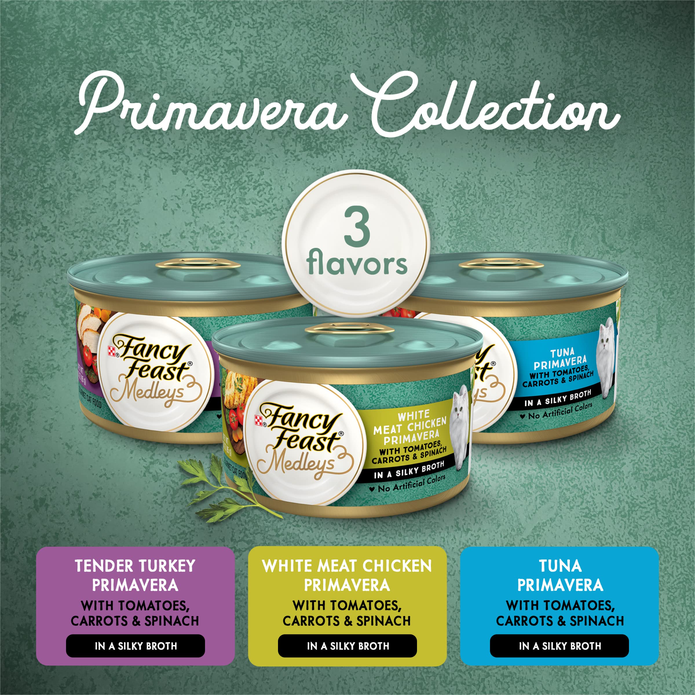 Fancy Feast Medleys Primavera white meat chicken shows real poultry flavor in nourishing gravy.
