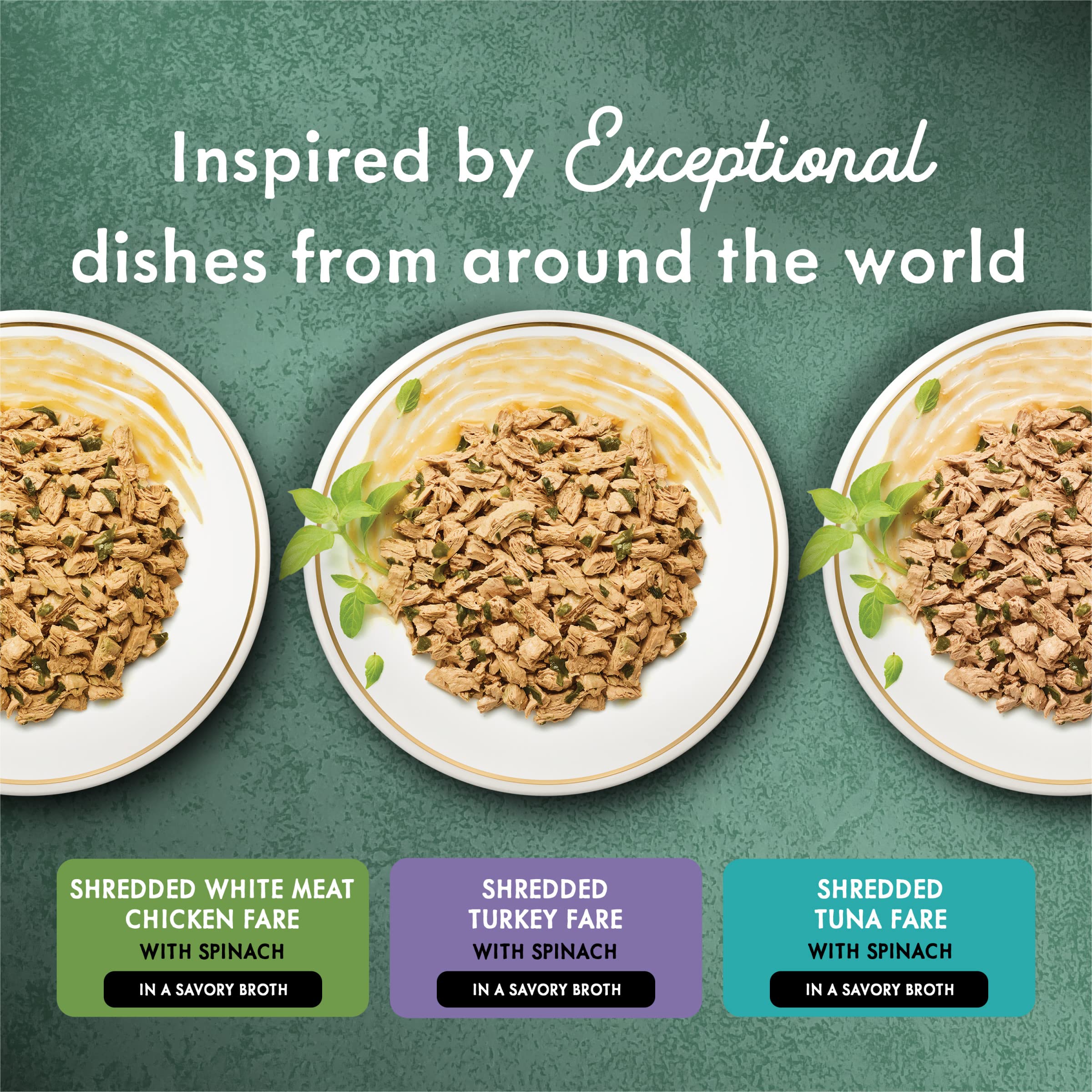 Fancy Feast Medleys shredded tuna fare with spinach in savory broth for cats.
