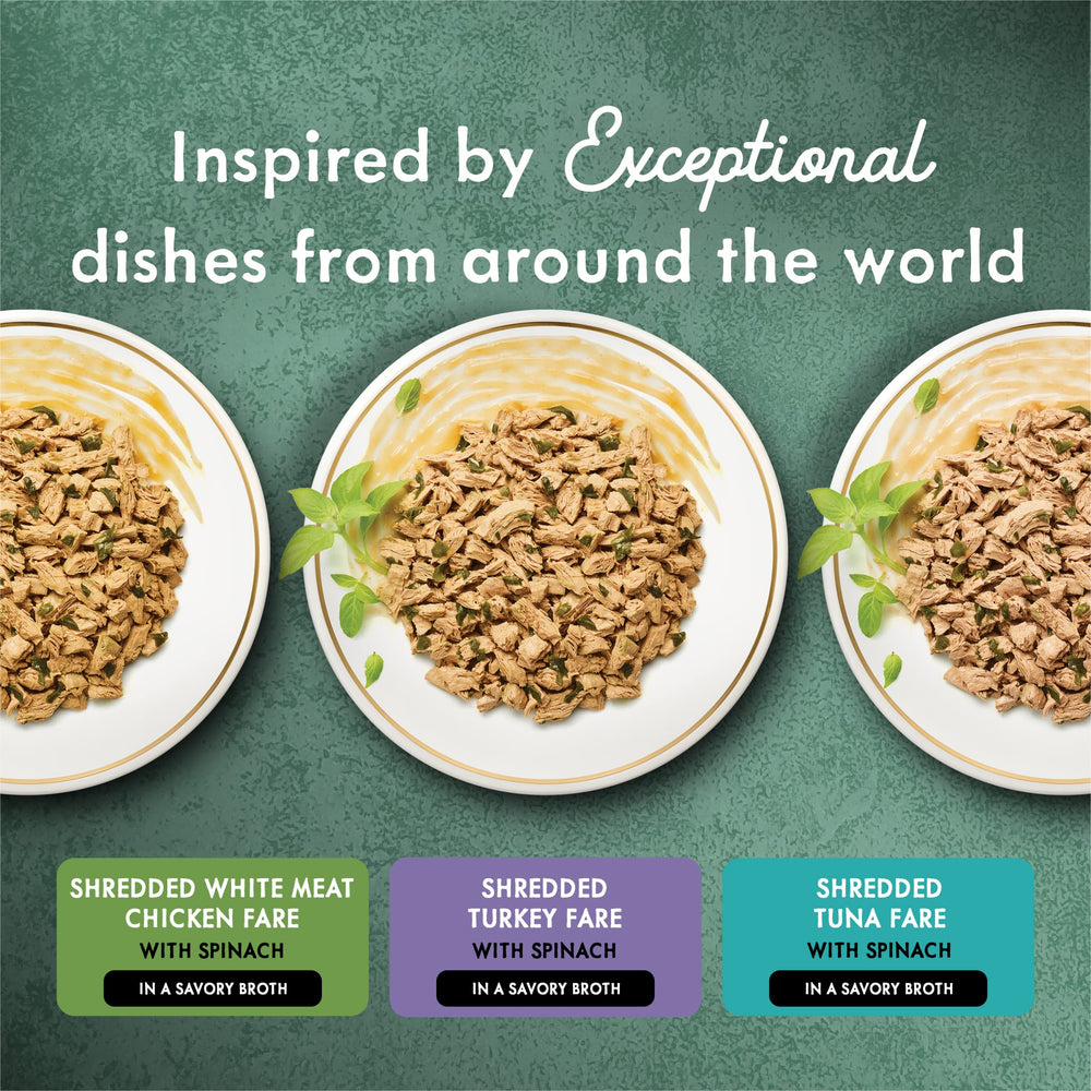 Fancy Feast Medleys shredded tuna fare with spinach in savory broth for cats.