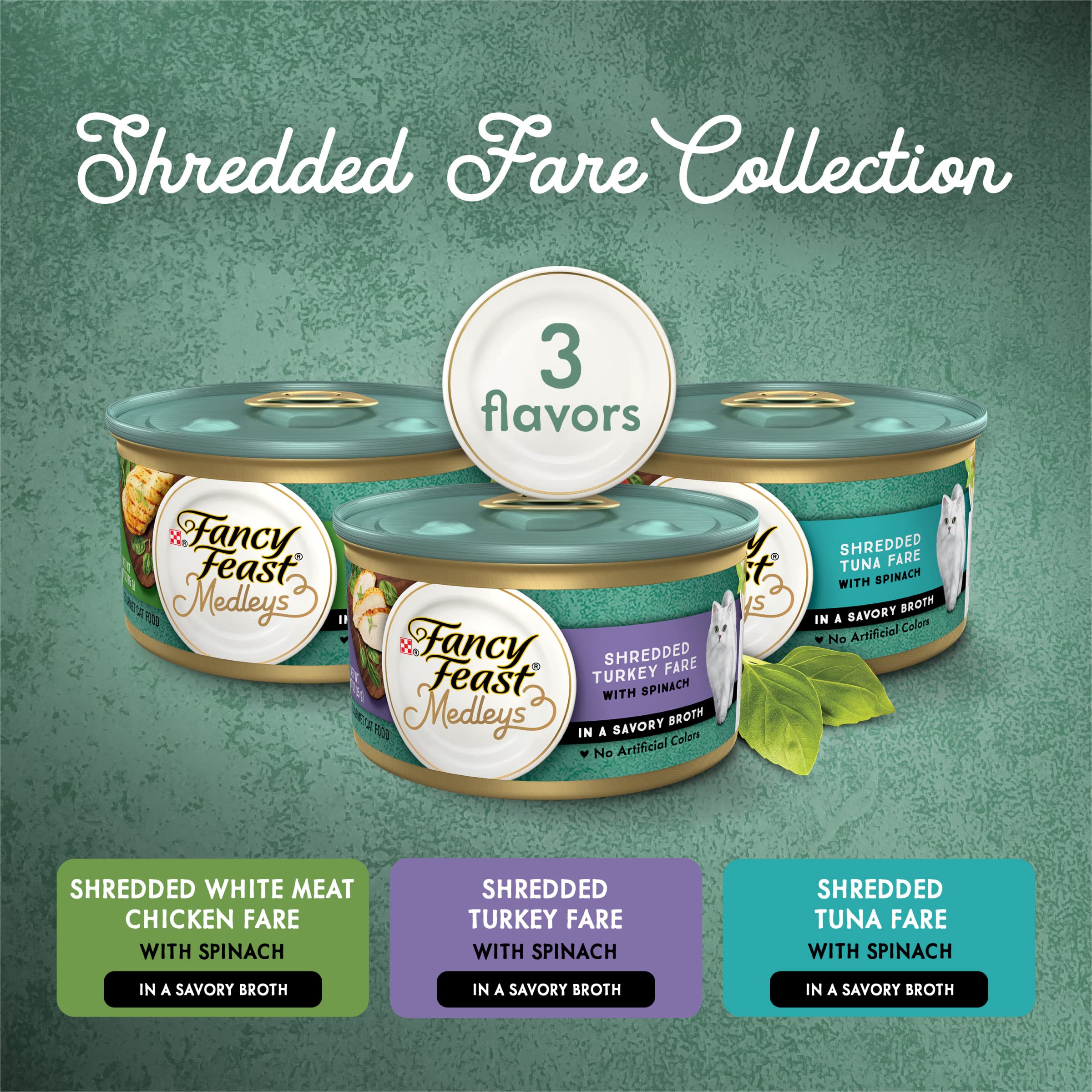 Fancy Feast Medleys shredded white meat chicken fare with spinach in savory broth for cats.