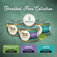 Fancy Feast Medleys shredded white meat chicken fare with spinach in savory broth for cats.