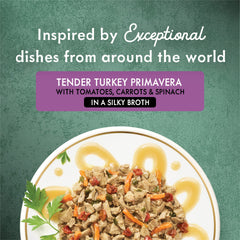 Fancy Feast Medleys Tender Turkey Primavera tomato chunks close-up highlight real turkey.